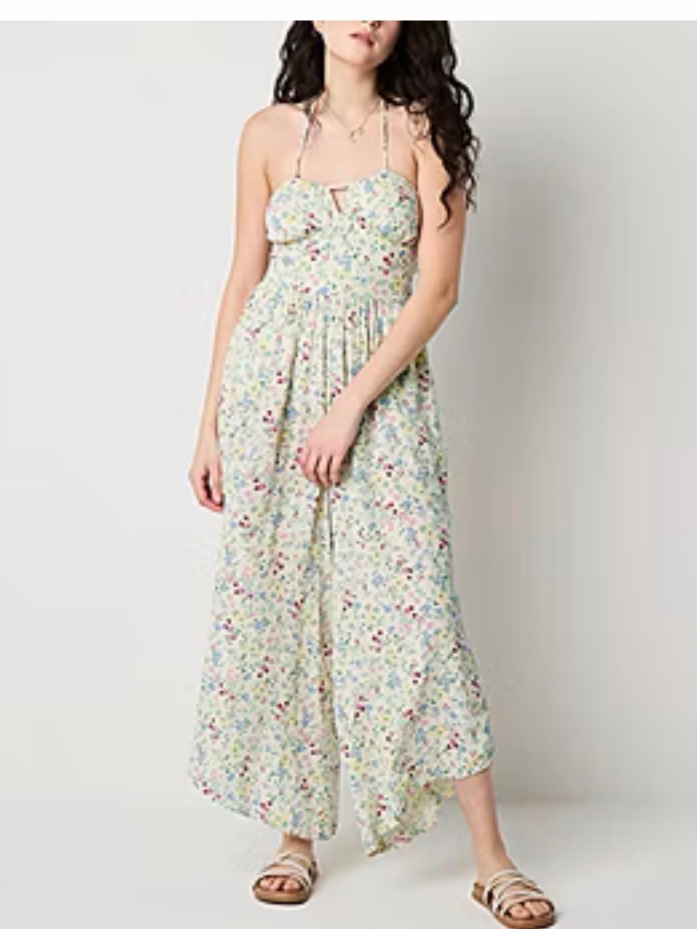 Floral Spaghetti-Strap Maxi Dress in Cream